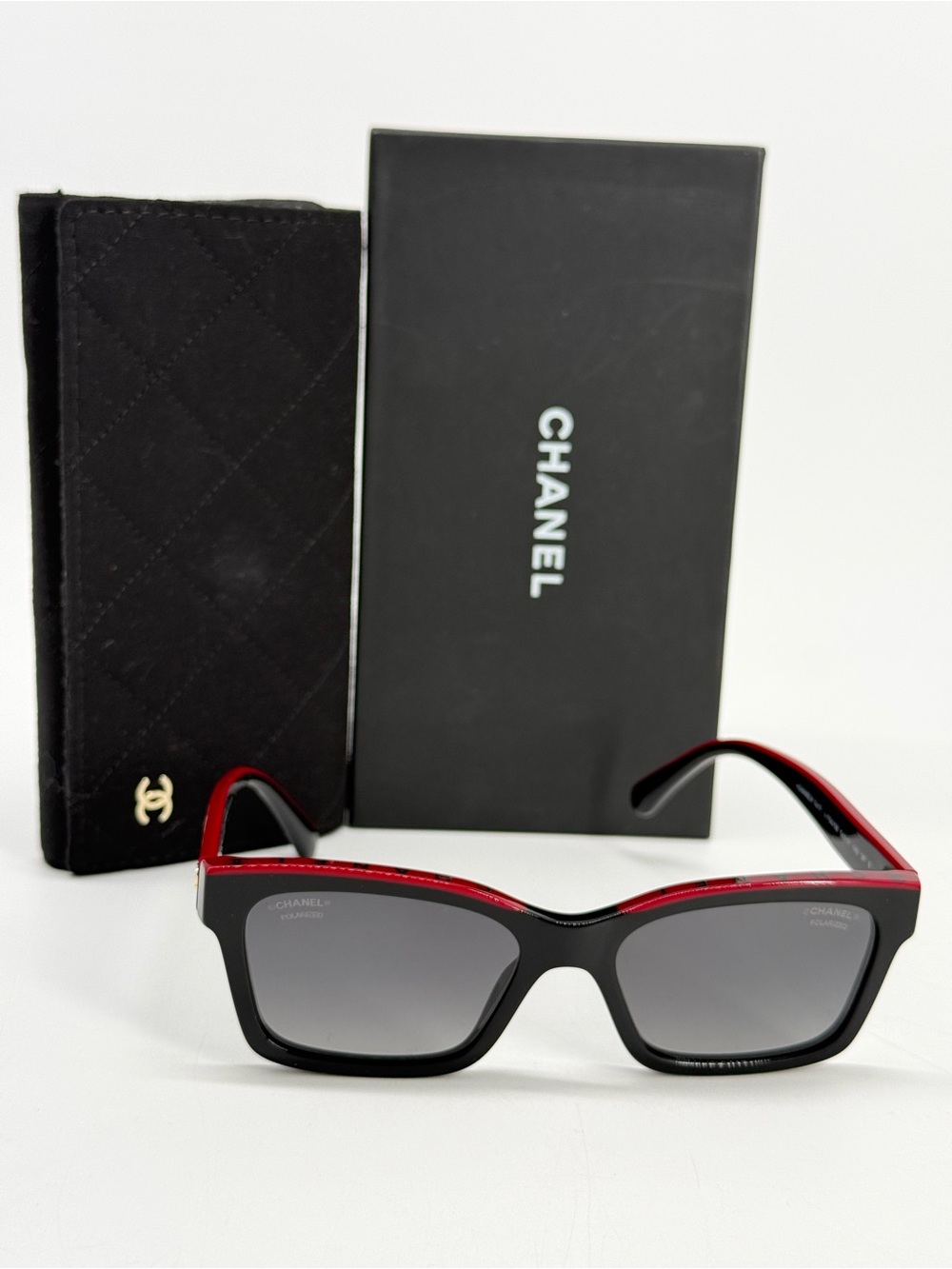 CHANEL Black and Red Women's Square Sunglasses